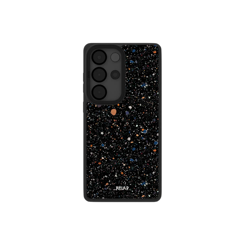 Black Samsung Galaxy phone case with paint splatter pattern in a minimalist style
