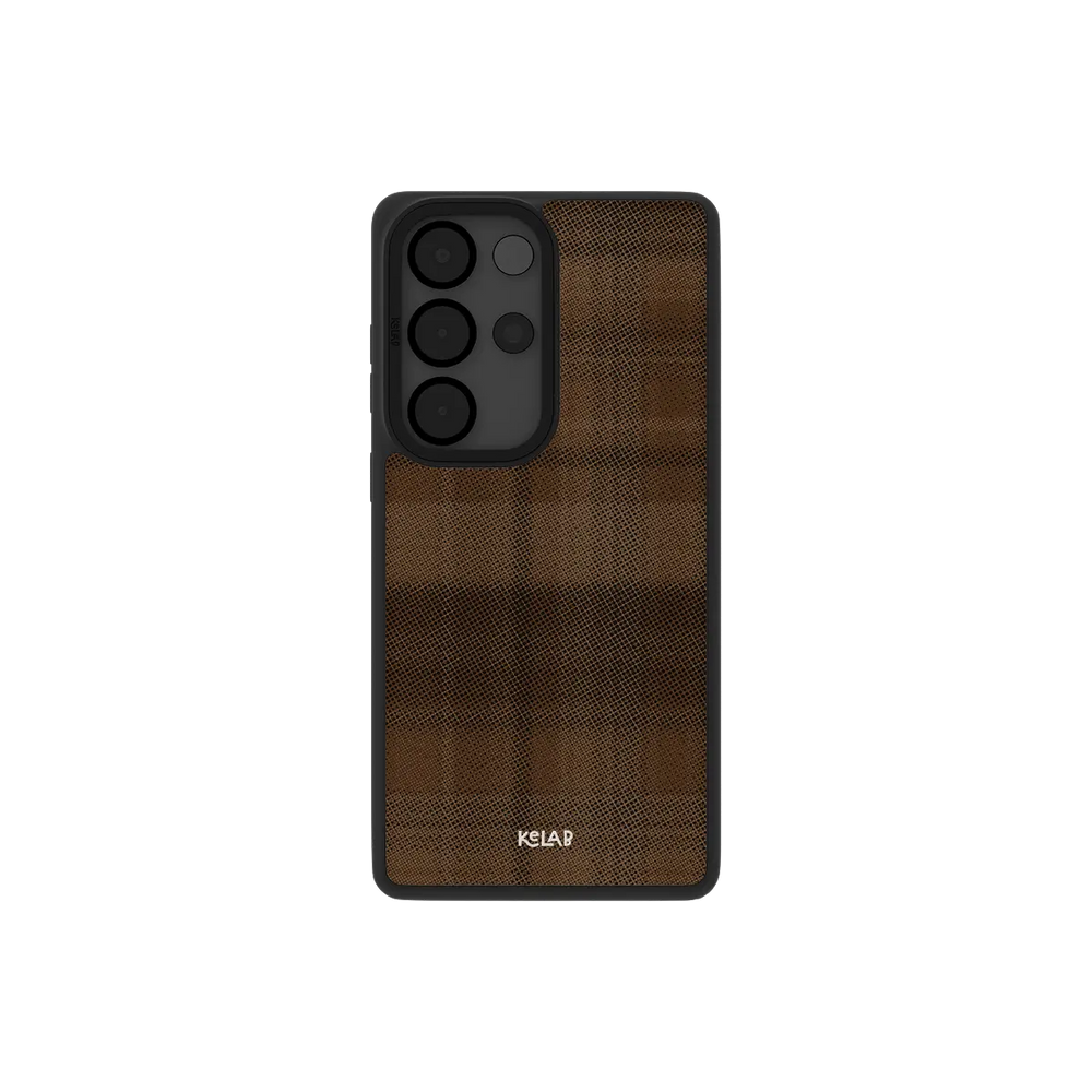 Samsung Galaxy phone case in brown flannel pattern with minimalist design and TPU material