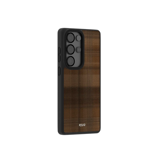 Minimalist Samsung Galaxy phone case in brown TPU with a grid flannel pattern