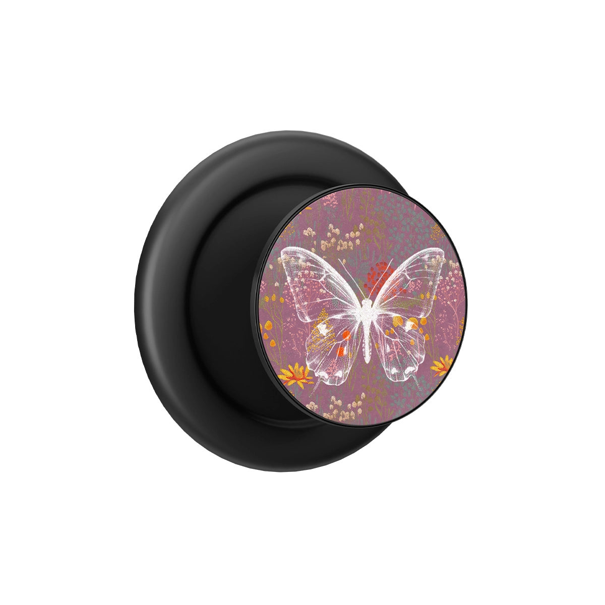 Black Botanical Butterfly pop grip with pink and orange floral design, built-in strong magnets for MagSafe phone grip and.