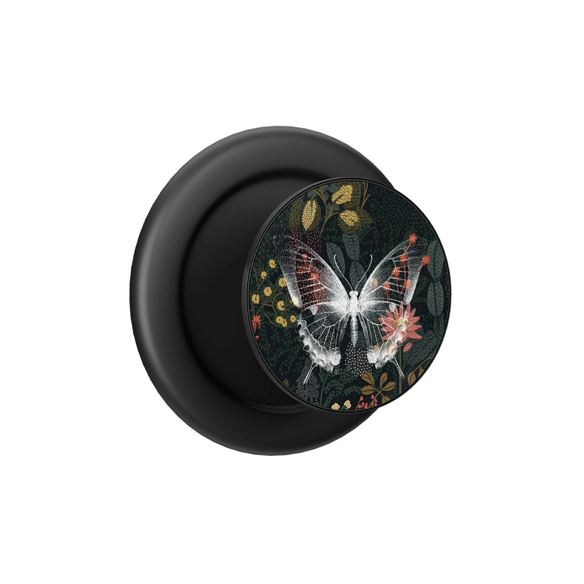 Black MagSafe phone grip with botanical butterfly design and built-in strong magnets.