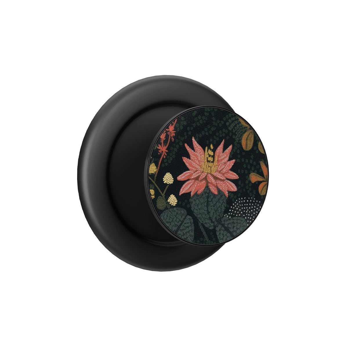 Black MagSafe phone grip with moody wildflower design and built-in strong magnets.