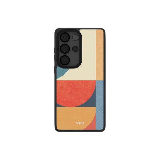 Minimalist Samsung Galaxy phone case featuring a vibrant abstract design with geometric shapes and colors.