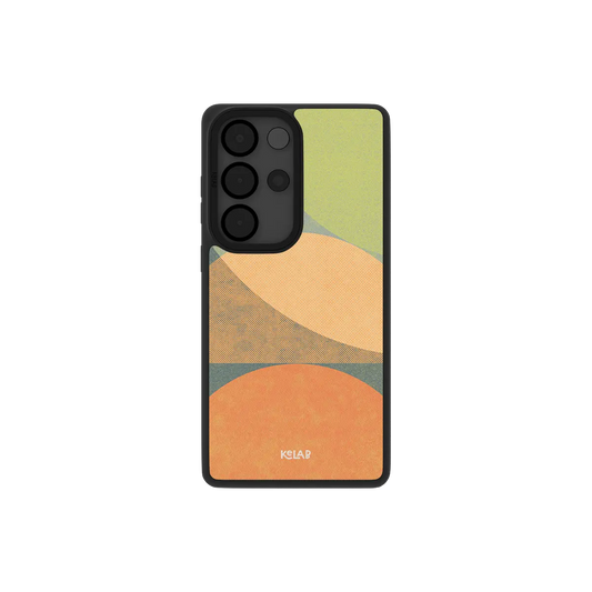 Samsung Galaxy phone case with a stylish abstract pattern in earthy tones and a protective TPU material
