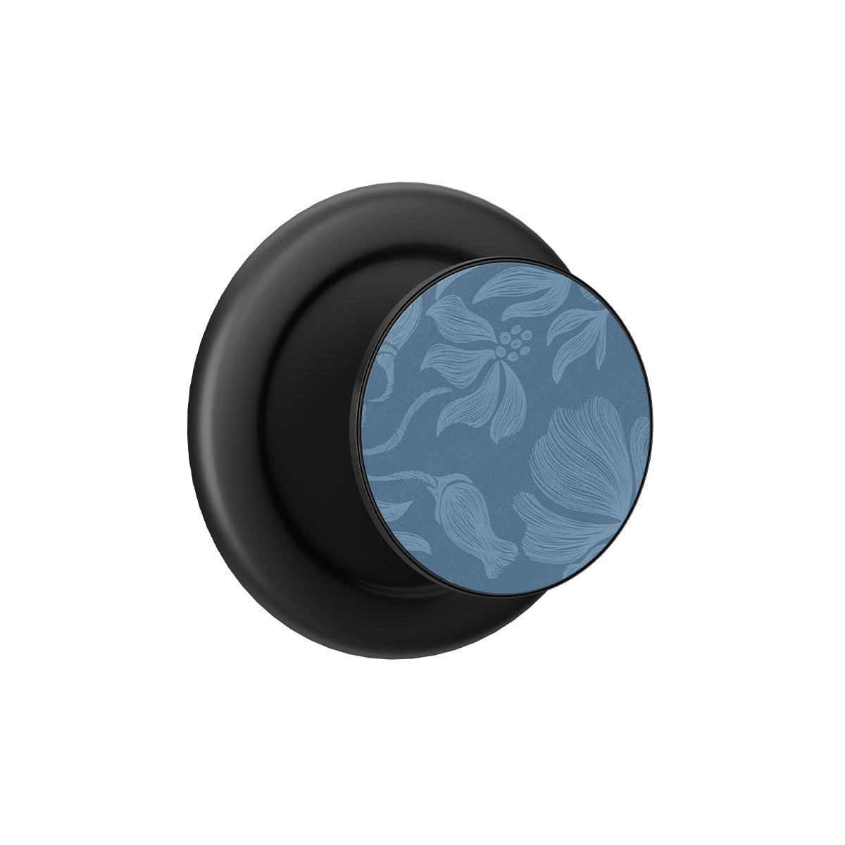 Black MagSafe phone grip with blue botanical sketch pop grip top and built-in strong magnets.