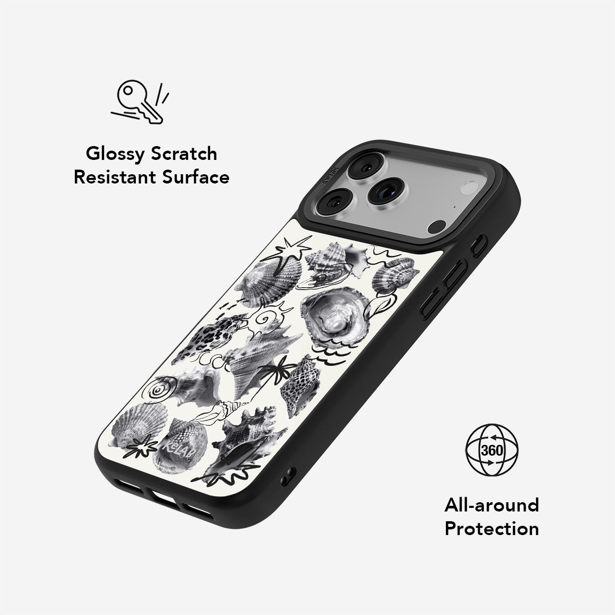 Seashell Sketch Phone Case | Black and White design featuring detailed oyster and pearl illustrations on a glossy, scratch-resistant surface with 360° protection.