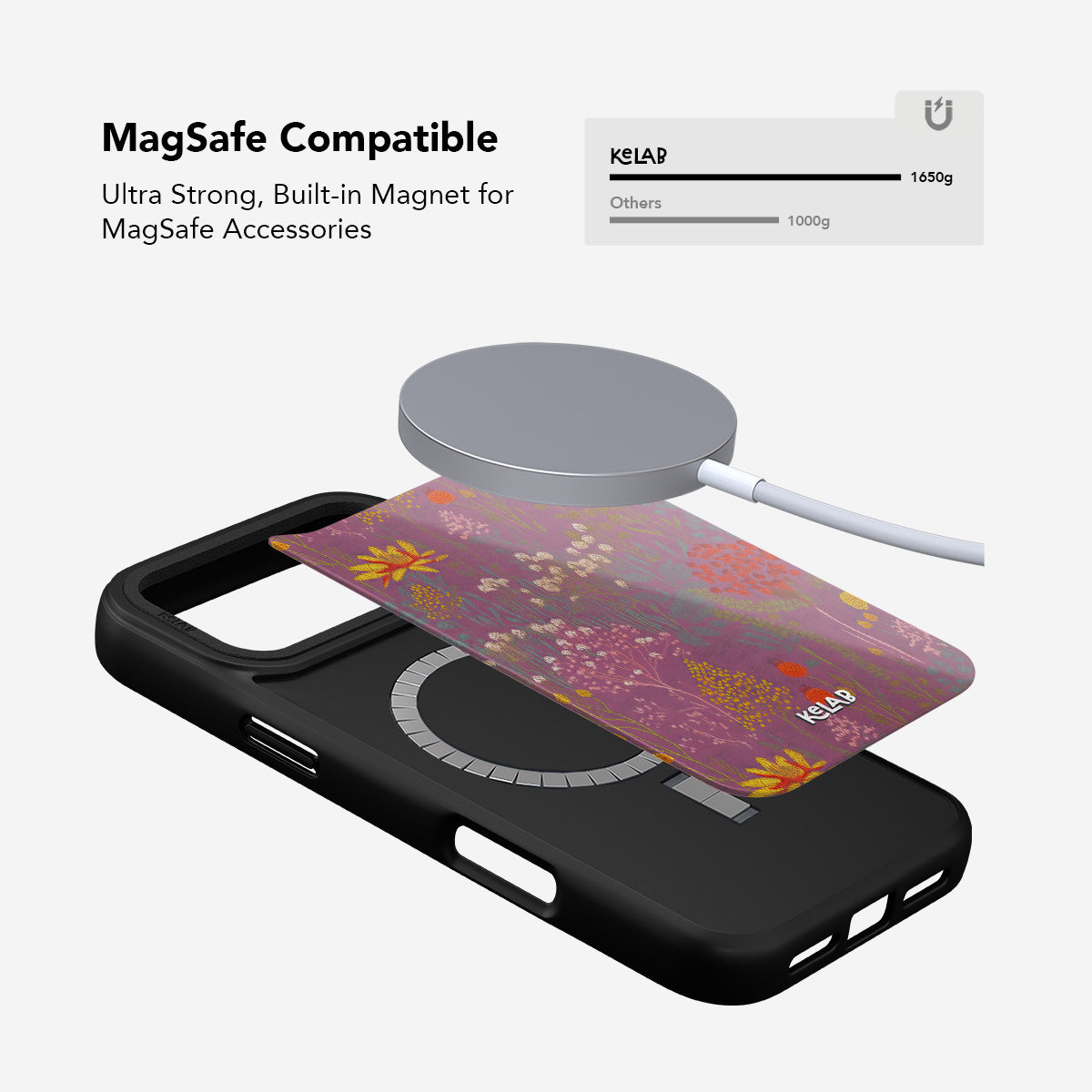 Dusty Pink Wildflower Meadow iPhone Case with MagSafe compatibility, featuring floral design insert and strong built-in magnet for accessories.