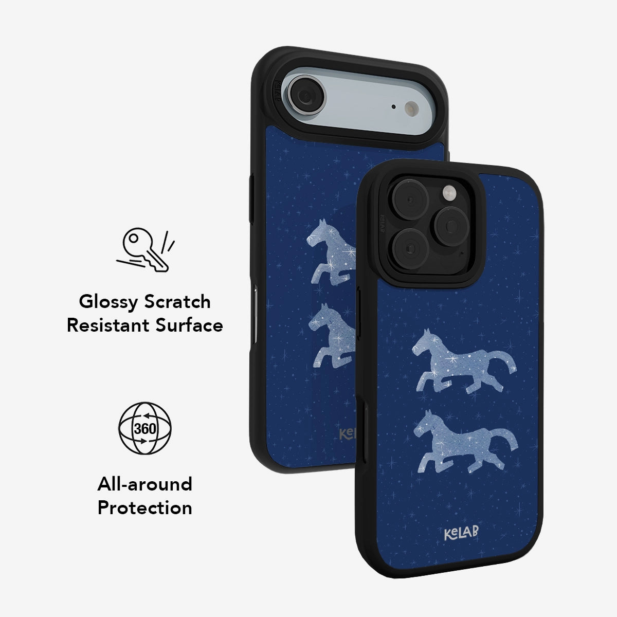 Pegasus Night blue horse phone case with glossy scratch-resistant surface and 360° all-around protection, featuring two white Pegasus illustrations on a starry navy background.