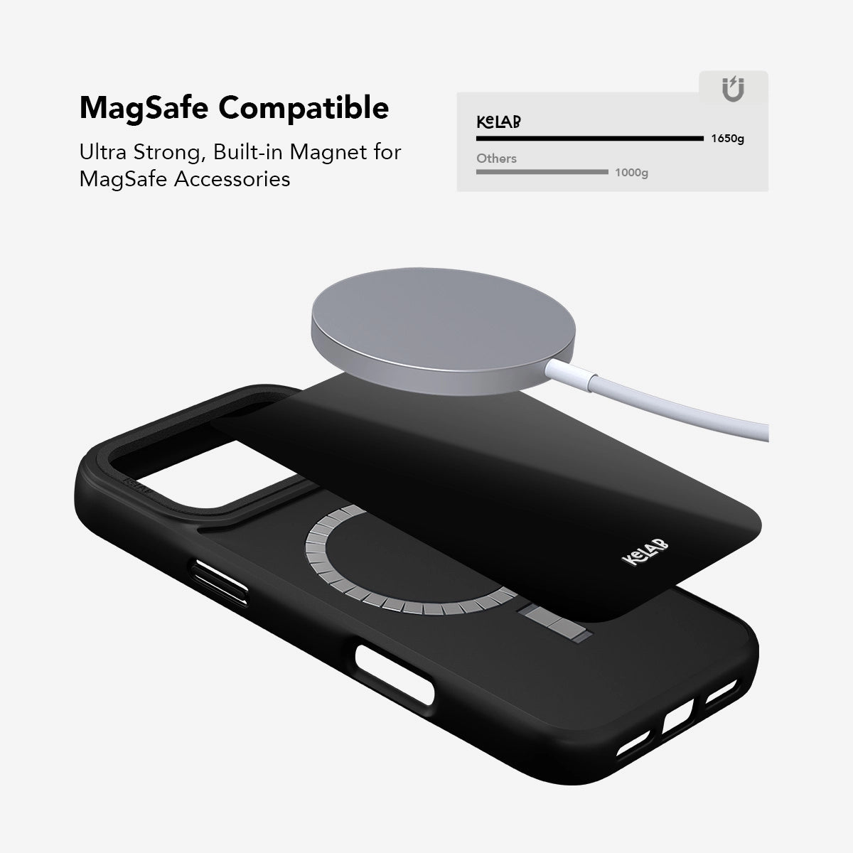 Black MagSafe compatible phone case with ultra-strong built-in magnet for secure attachments.