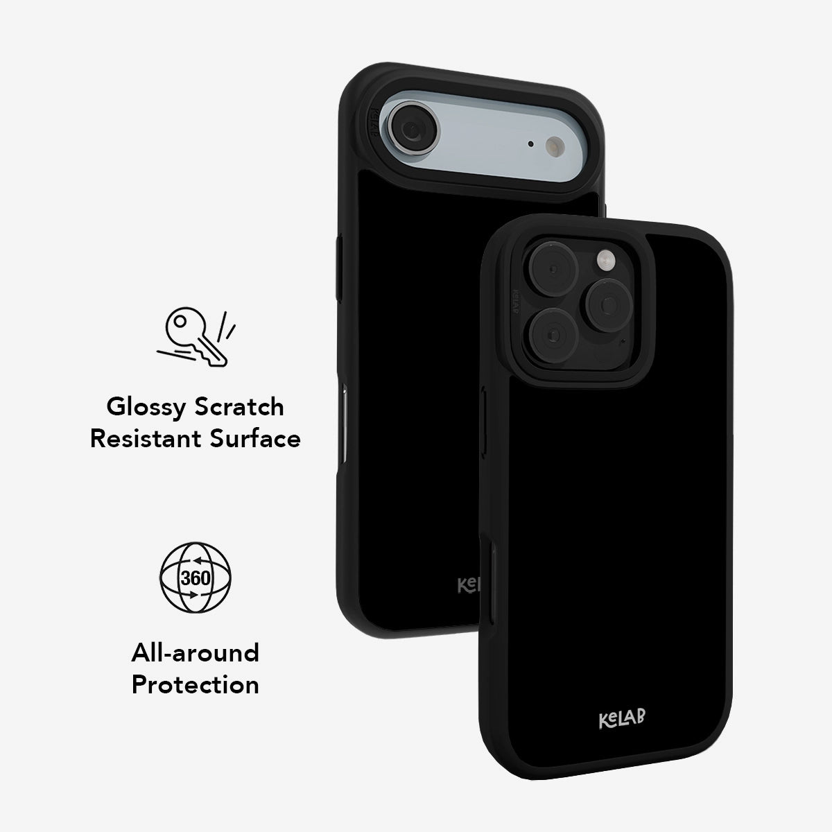 Black phone case with glossy scratch-resistant surface, offering 360-degree all-around protection.