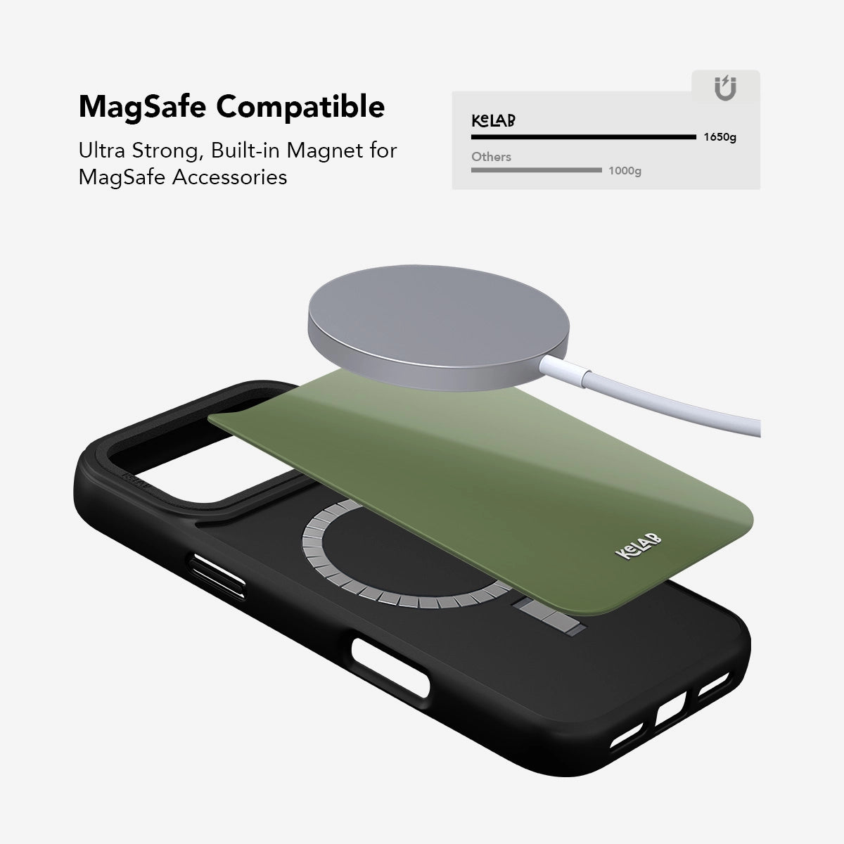Black MagSafe compatible phone case with ultra strong built-in magnet and green charging pad.