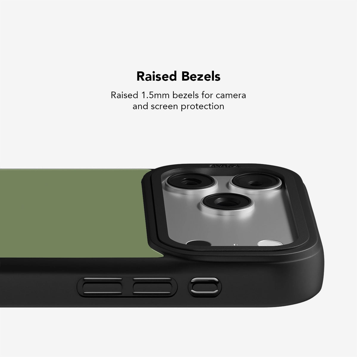 Close-up of green phone case with raised 1.5mm bezels for camera and screen protection.