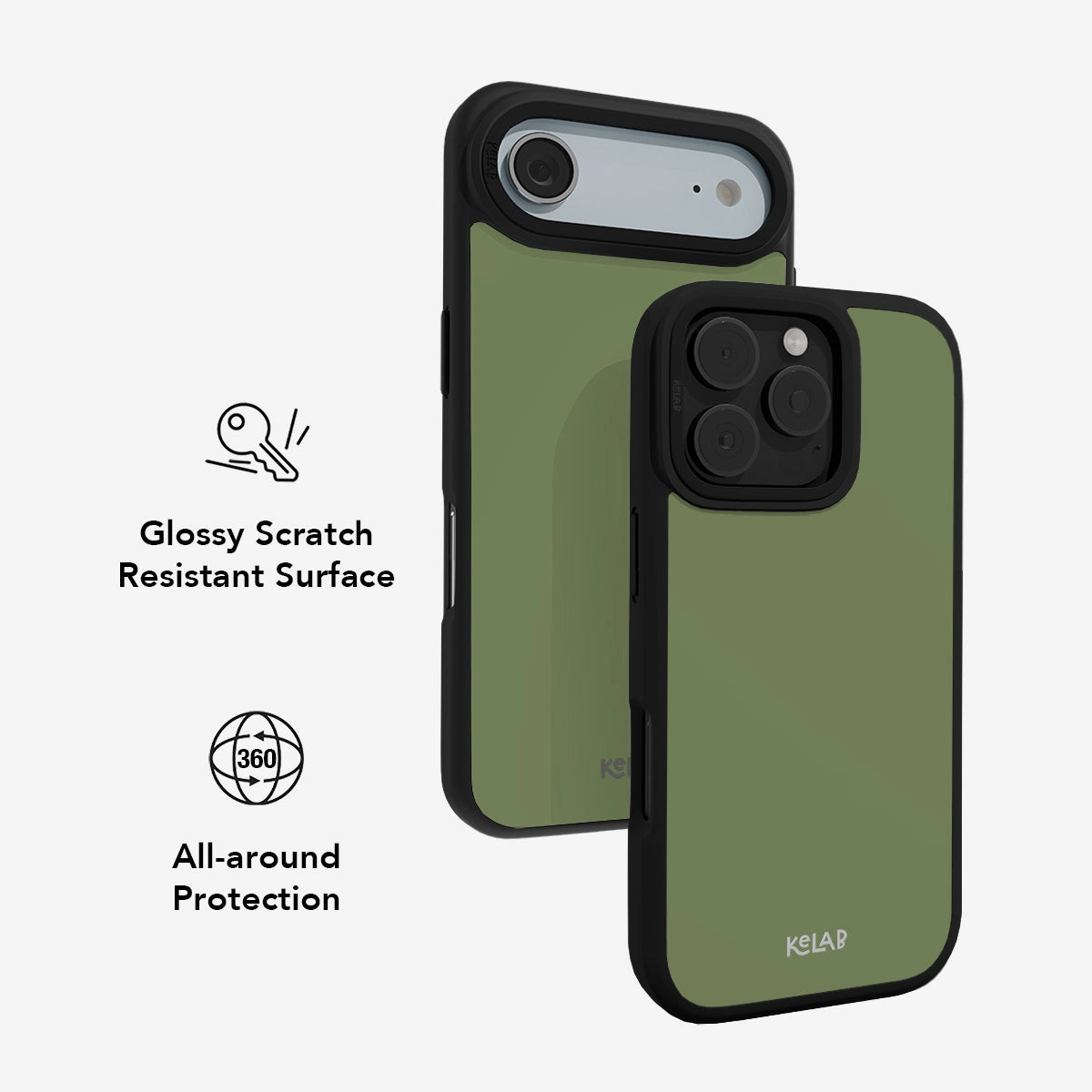 Green glossy scratch-resistant phone case with black edges, offering 360-degree protection.