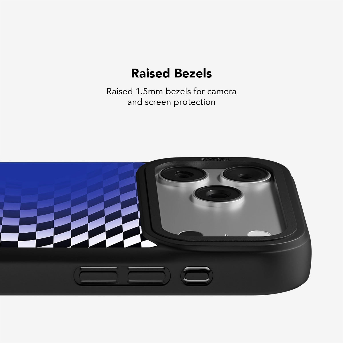 Blue checkered phone case with raised 1.5mm bezels for camera and screen protection.