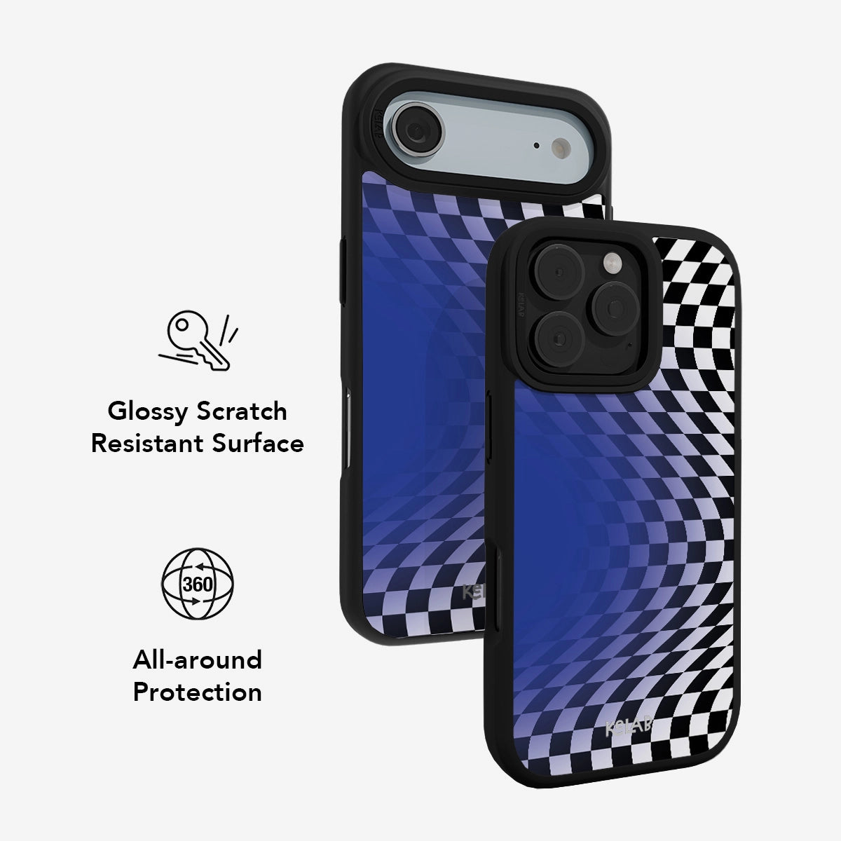 Blue checkered phone case with glossy scratch-resistant surface and 360° all-around protection.