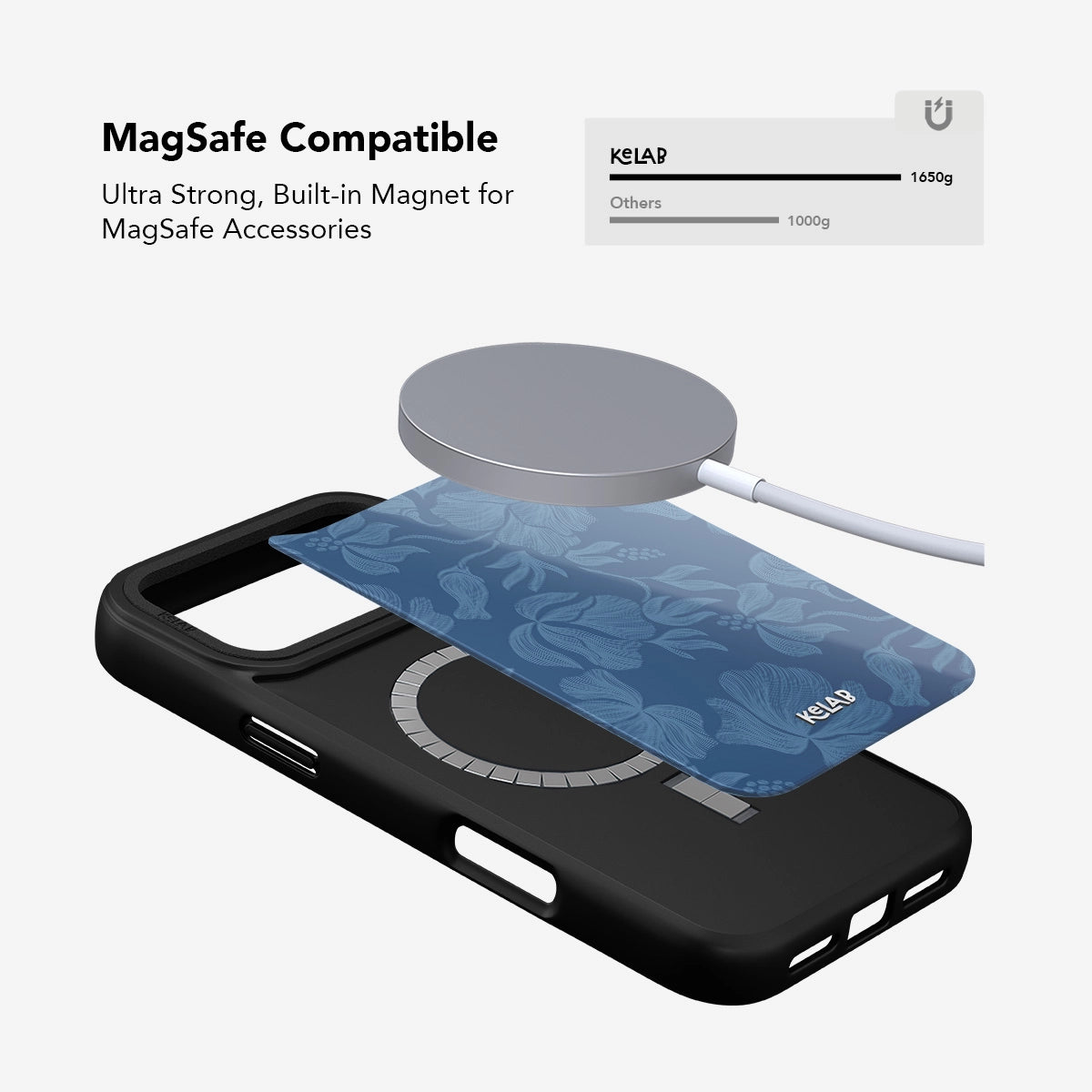 Black MagSafe compatible phone case with ultra strong built-in magnet for optimal accessory attachment.