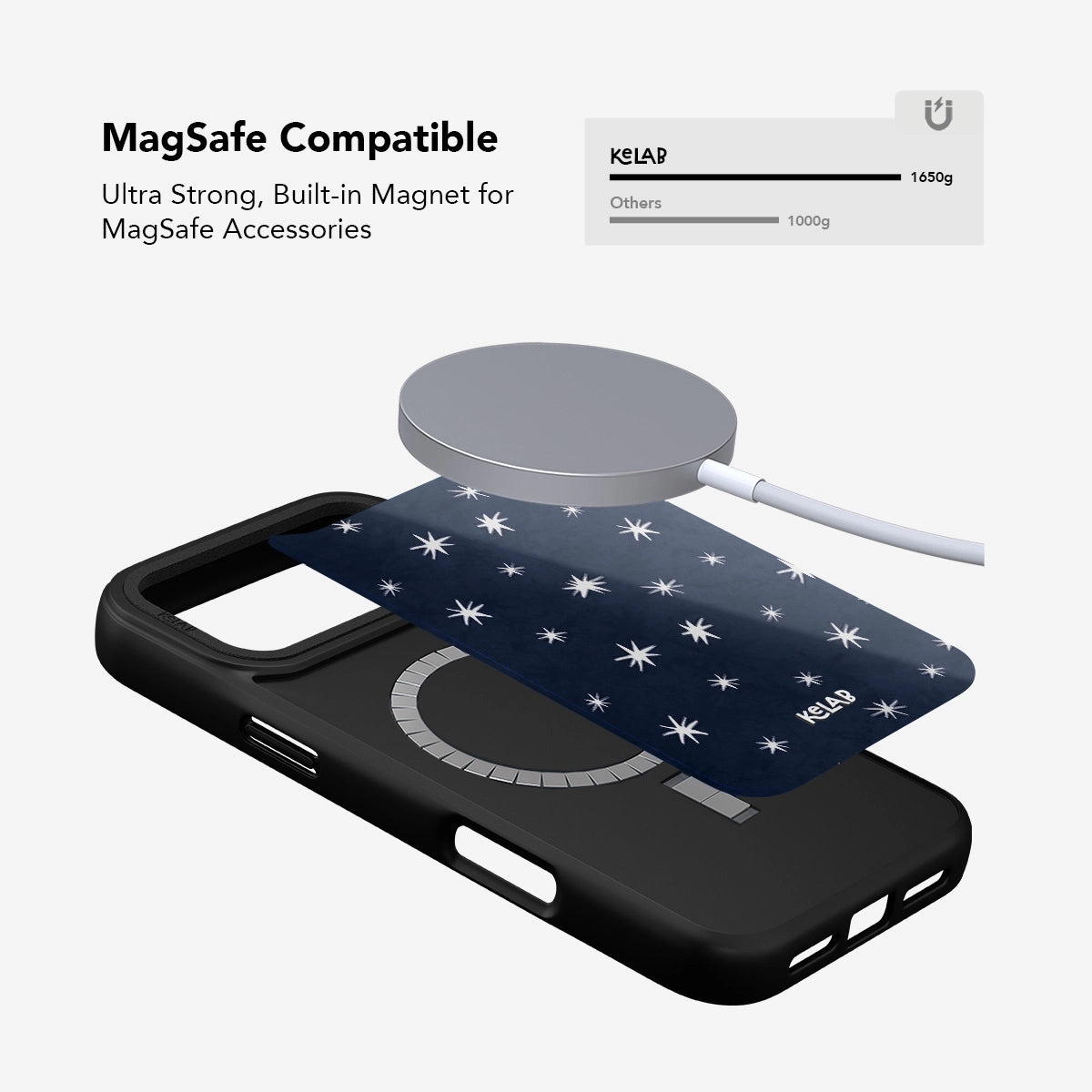 MagSafe compatible phone case with ultra-strong built-in magnet, featuring a stylish dark blue design.