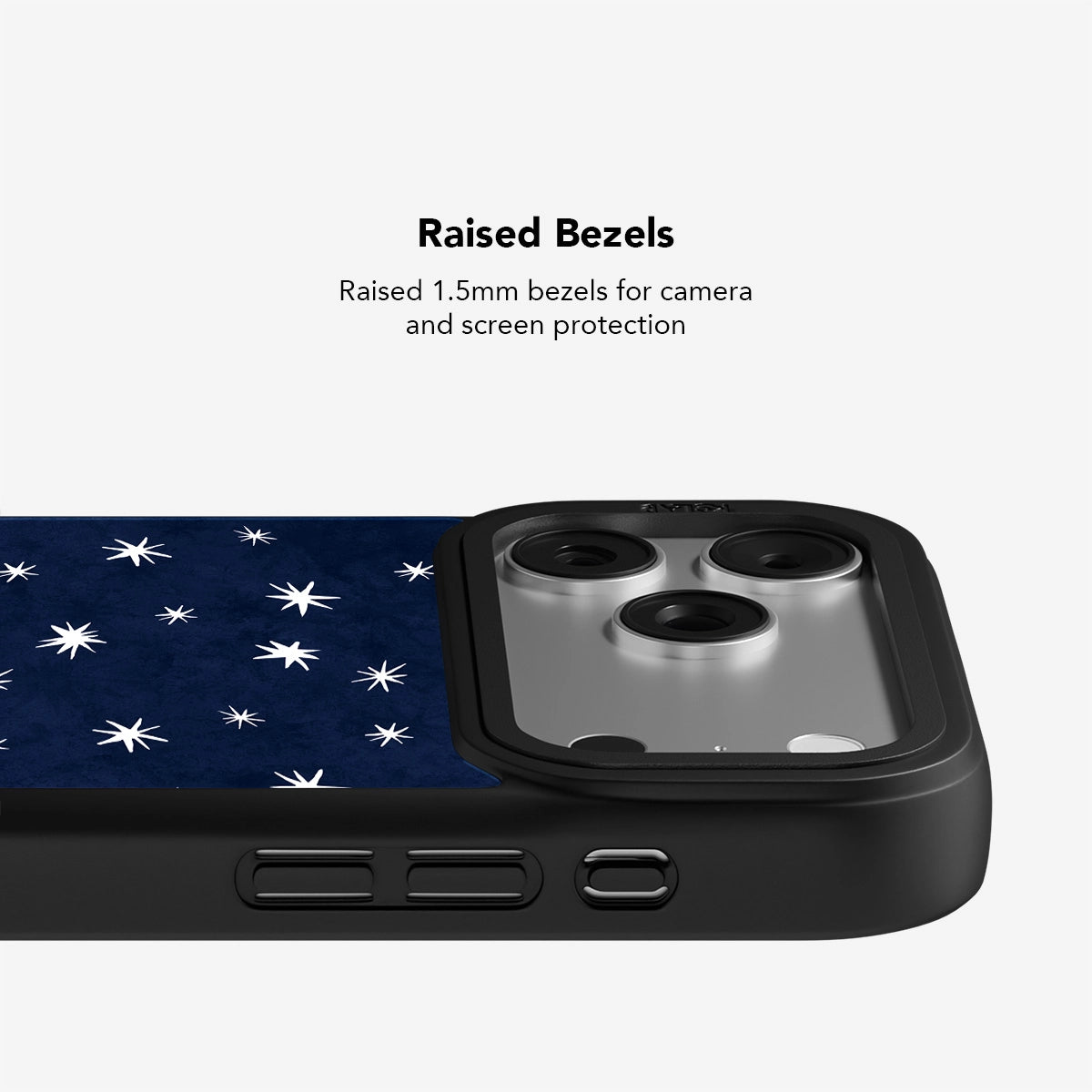 Navy phone case with white star pattern, featuring raised bezels for camera and screen protection.