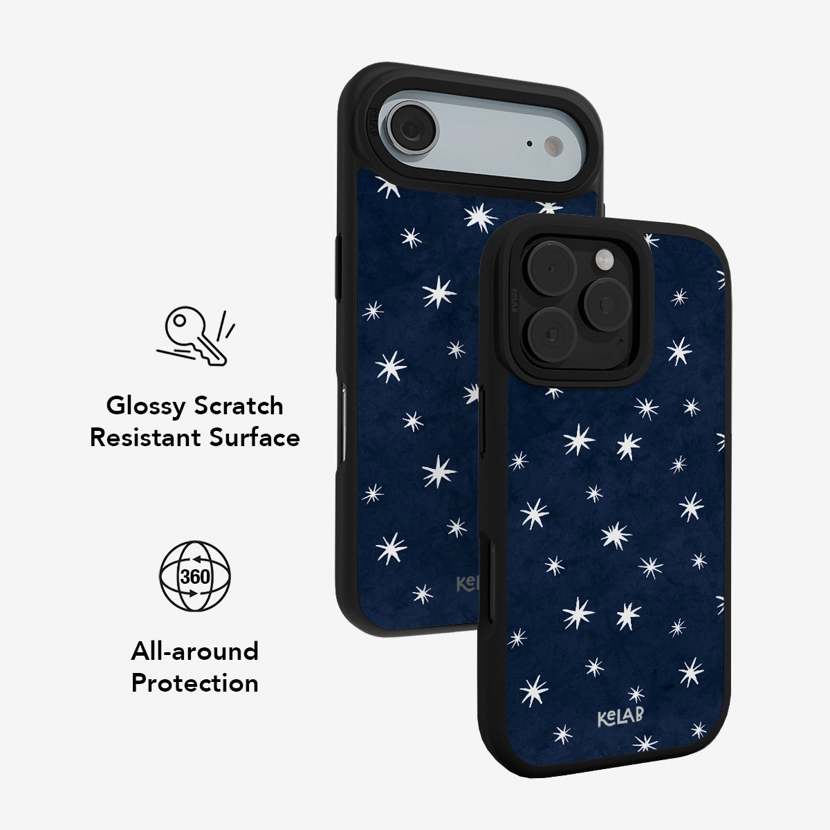 Navy star-pattern iPhone case with glossy scratch-resistant surface and 360° all-around protection.