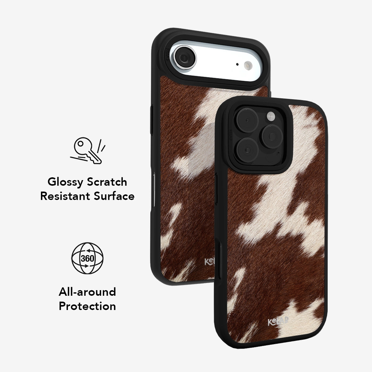Stylish cowhide iPhone case, brown and white, glossy finish, scratch-resistant, offers 360° protection.