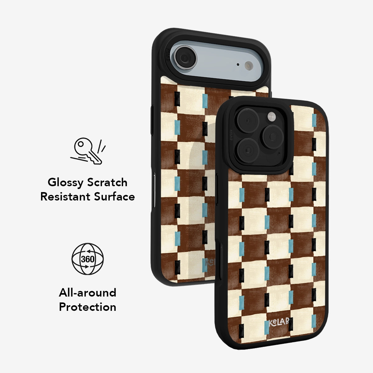 Brown and white patterned phone case with glossy scratch-resistant surface for all-around protection.