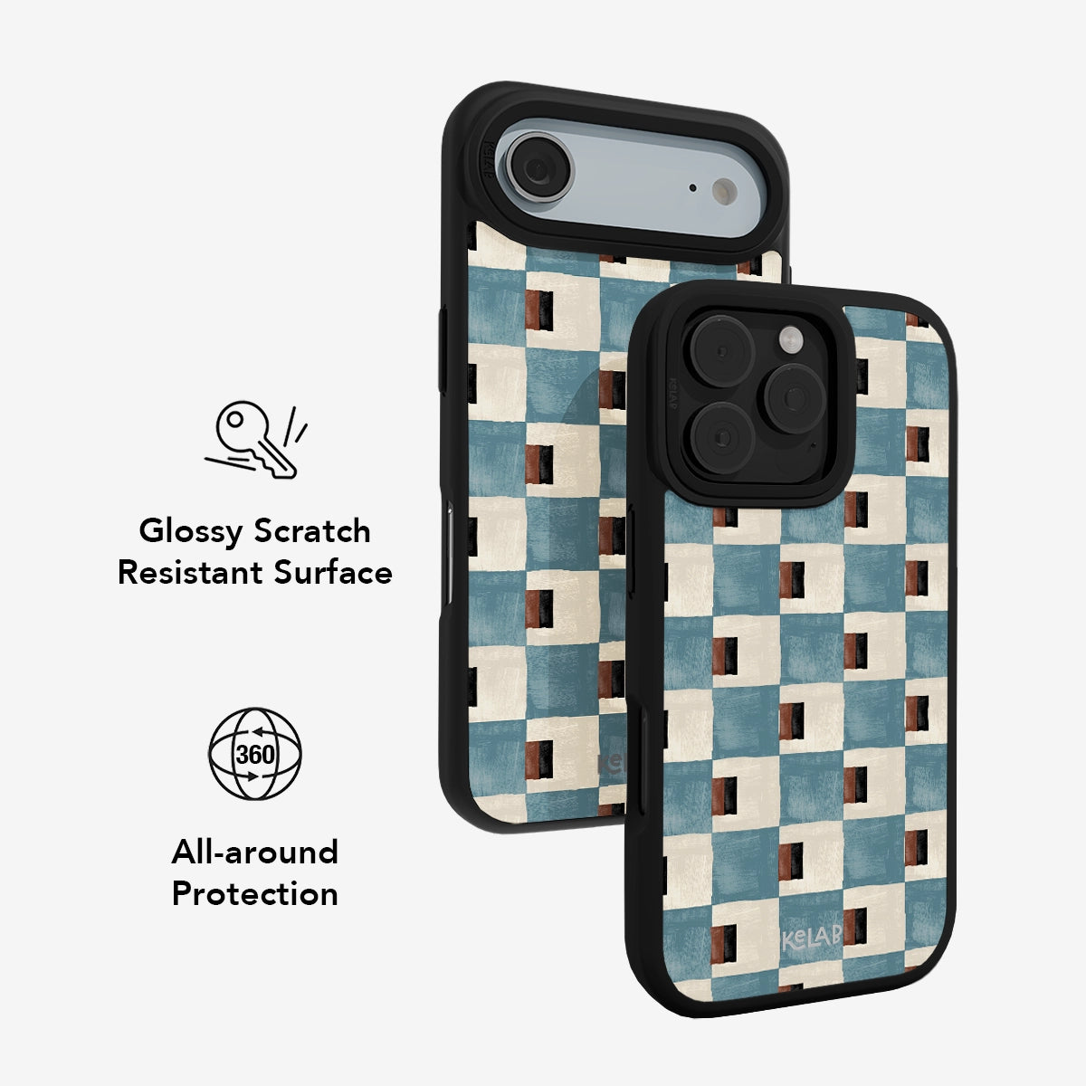 Stylish blue and white patterned phone case with glossy scratch-resistant surface and 360° protection.