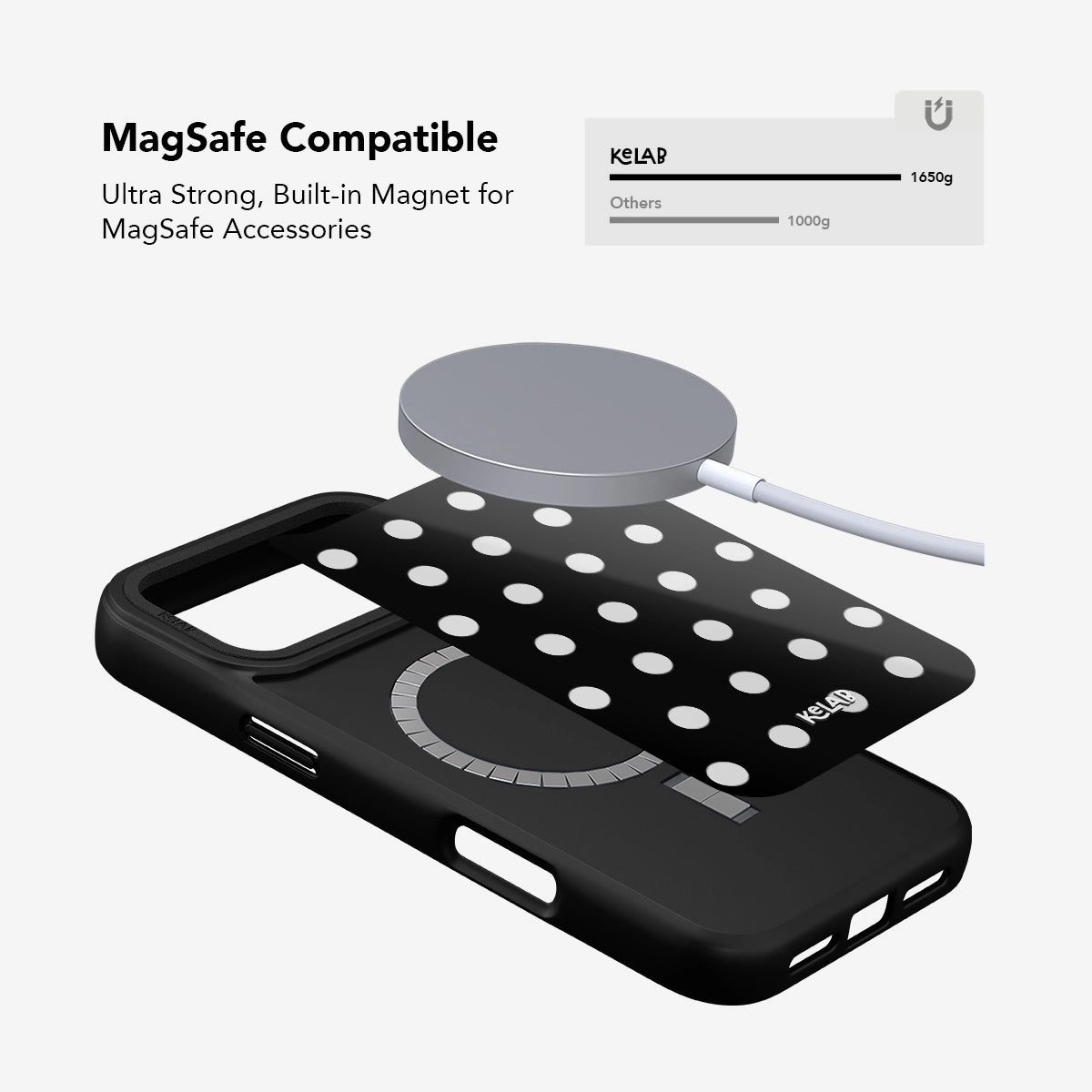 Black MagSafe compatible phone case with built-in strong magnet for easy accessory attachment.
