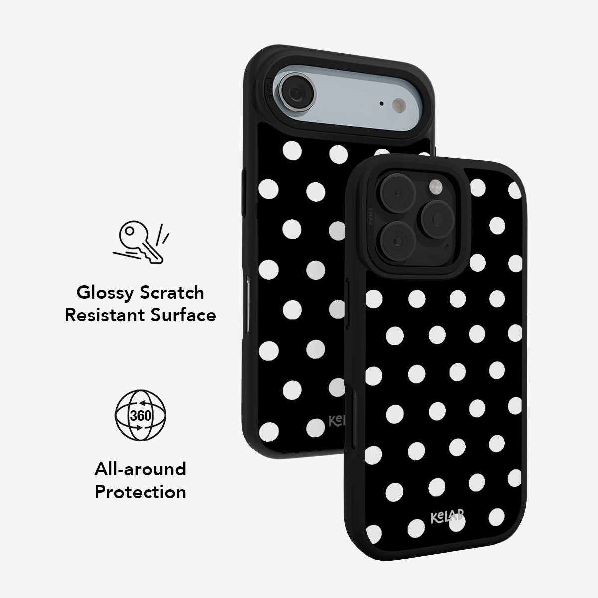 Black polka dot phone case with glossy finish, scratch resistant, offering 360-degree protection.