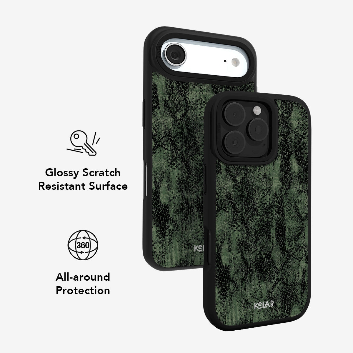 Emerald Python textured olive snakeskin phone case by KELAB with glossy scratch-resistant surface and 360° all-around protection for iPhone models.