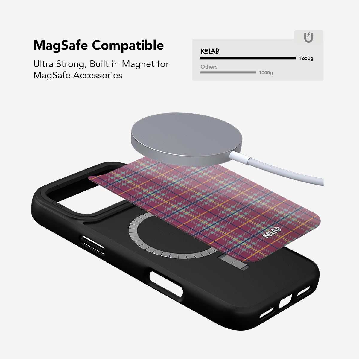 Mullberry Hue mauve and teal plaid phone case by KELAB with built-in MagSafe magnet, compatible with iPhone 11 to 17 models. Features flannel-inspired pattern.