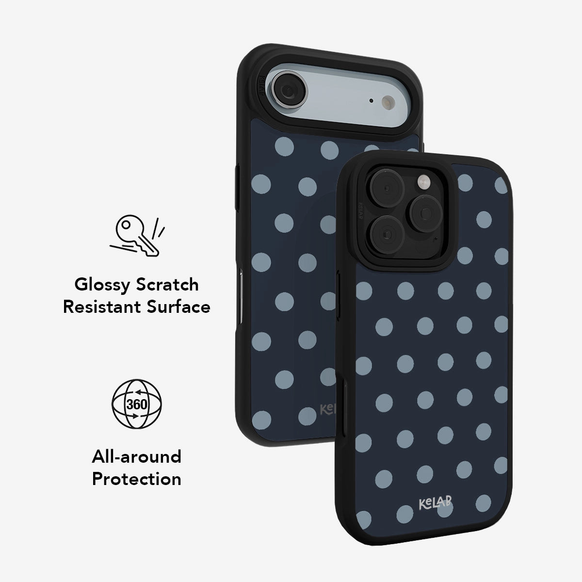 Navy polka dot phone case with glossy scratch-resistant surface and 360-degree protection.