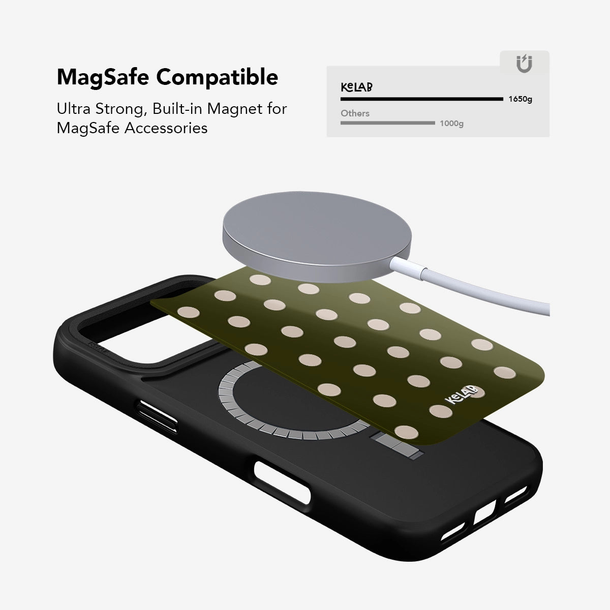 Black phone case with built-in MagSafe magnet for accessories, featuring a green polka dot design.