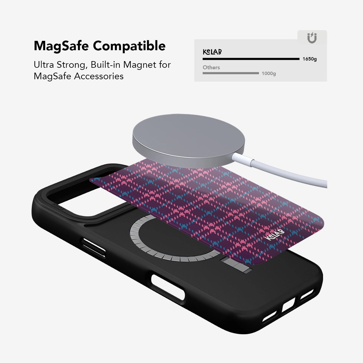 Purple Plaid Phone Case with pink and teal tartan design, featuring MagSafe compatibility and built-in magnet for secure accessory attachment.