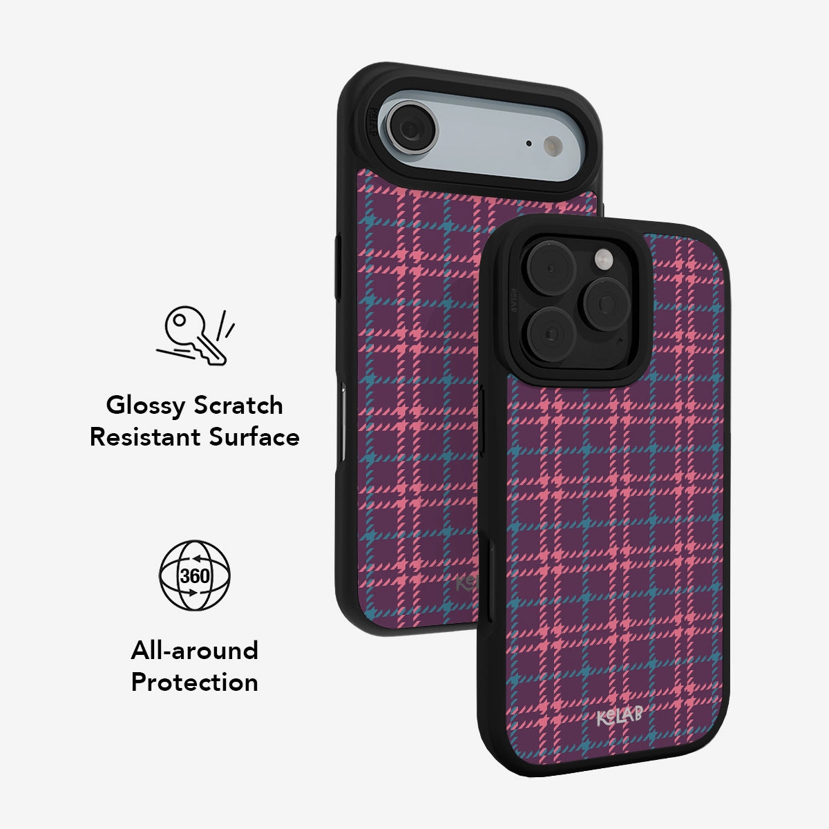 Purple Plaid Phone Case with pink and teal tartan design, featuring a glossy scratch-resistant surface and 360° all-around protection.