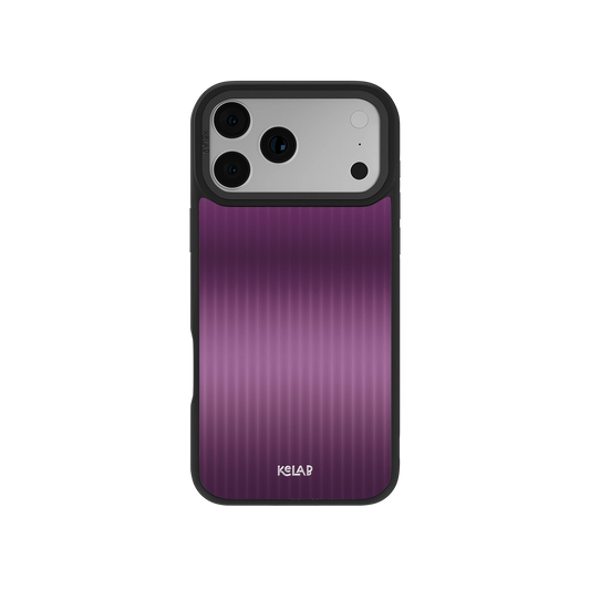 Purple striped phone case with black edges, designed for iPhone, offering sleek protection and style.