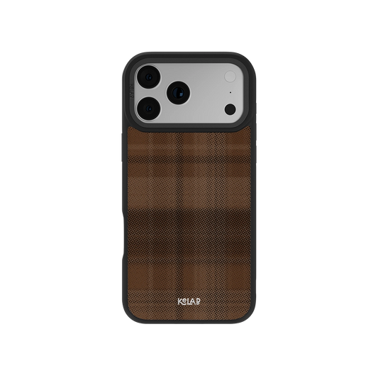 Brown plaid iPhone case with durable black edges and textured finish for added grip.