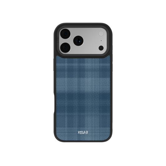 Blue plaid iPhone case, durable material, slim profile, designed for iPhone 11, stylish and protective.