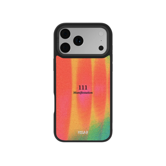 Angel Number 111 iPhone case with retro gradient design in orange, pink, and green tones, featuring 'Manifestation' text for spiritual aesthetic.
