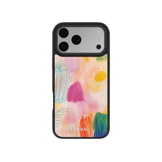 Abstract Design Art iPhone Case by KELAB featuring a colorful crayon scribble pattern on a glossy protective phone case with kidcore aesthetic.