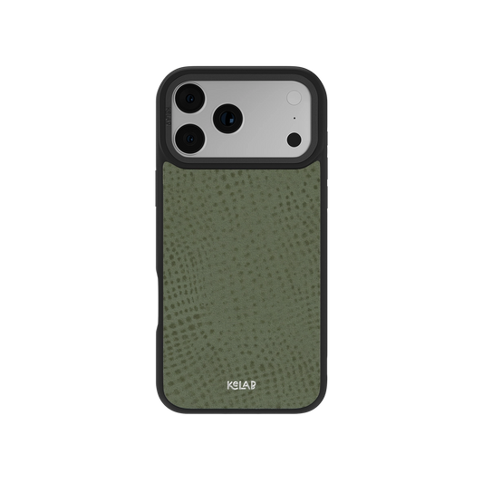 Sage Green Phone Case with pebbled texture and black bumper, designed for minimalist style and modern smartphone protection.
