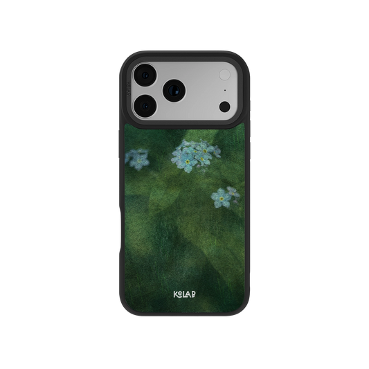 Deep Green Floral iPhone Case by KELAB featuring delicate blue forget-me-not flowers on a misty green background. Stylish and protective phone accessory.
