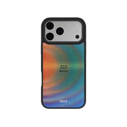 Angel Number 222 iPhone Case with retro gradient design in orange, blue, and green tones, featuring 'Balance' text for spiritual aesthetic.
