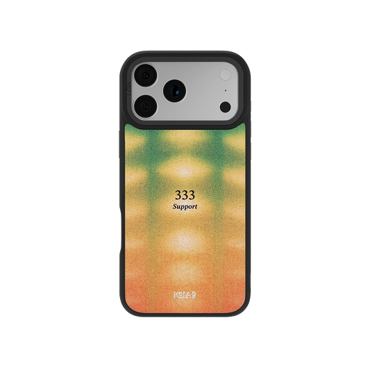 Angel Number 333 iPhone Case with retro gradient design in orange, green, and yellow tones, featuring 'Support' text for spiritual aesthetic.