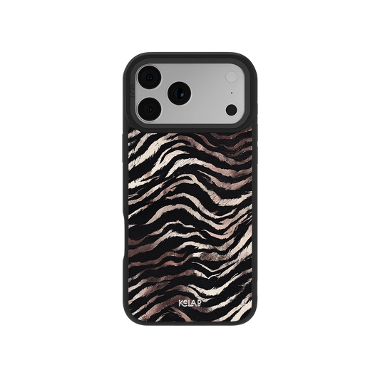 Zebra Stripe iPhone Case with rose gold metallic animal print on dark background, designed for stylish protection and luxury appeal.