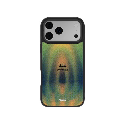 Angel Number 444 iPhone Case with retro gradient design and 'Protection' text, featuring spiritual aesthetic and minimal text style.