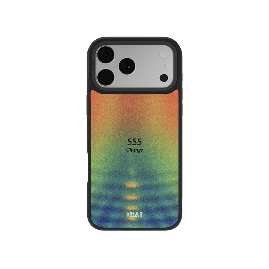 Angel Number 555 iPhone Case with retro gradient design in orange, green, and blue tones, featuring the word 'Change' for spiritual aesthetic.