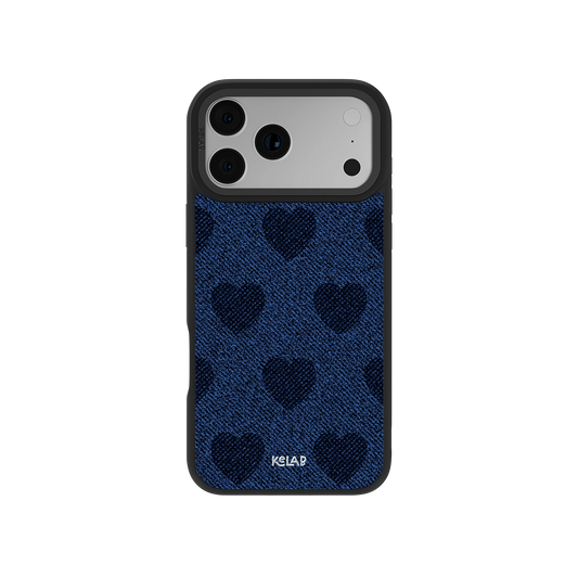 Indigo Denim Heart Y2K iPhone Case with retro coquette style, featuring a blue jean texture and heart pattern on a classic phone case.