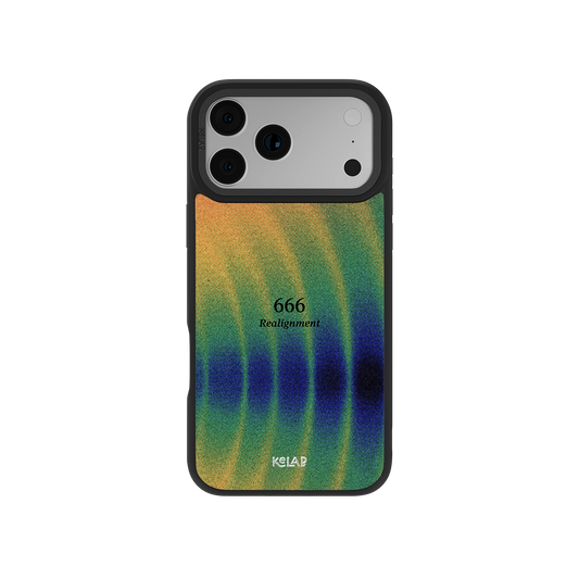 Angel Number 666 iPhone Case with retro gradient design in green, orange, and blue tones, featuring 'Realignment' text for spiritual aesthetic.