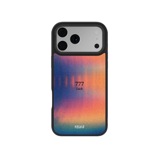 Angel Number 777 iPhone Case with retro gradient design in orange, purple, and blue tones, featuring minimal '777 Luck' text for a spiritual aesthetic.