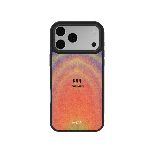 Angel Number 888 iPhone Case with retro gradient design in orange and purple tones, featuring '888 Abundance' text for spiritual aesthetic.